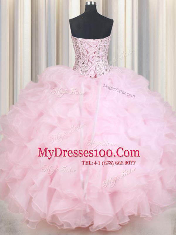 Modest Baby Pink Sleeveless Floor Length Beading and Ruffles Lace Up Quinceanera Gowns