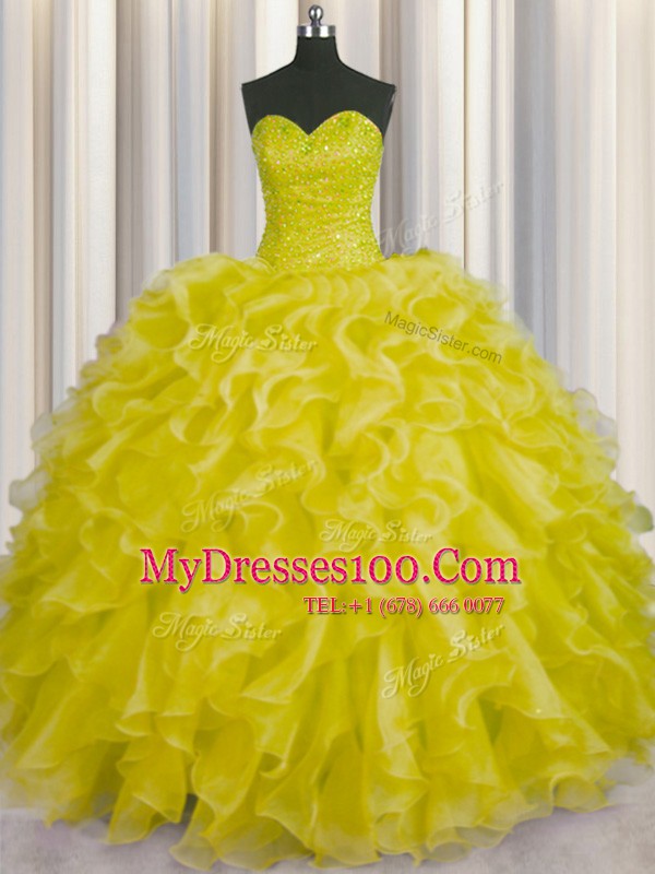 Luxury Organza Sleeveless Floor Length Ball Gown Prom Dress and Beading and Ruffles