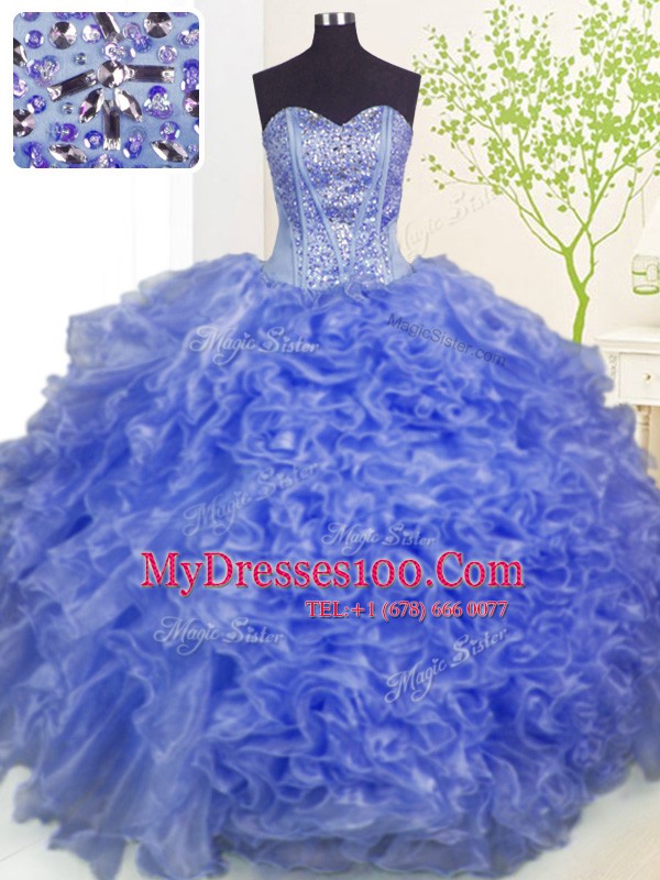 Blue Sleeveless Beading and Ruffles and Pick Ups Floor Length Sweet 16 Dress