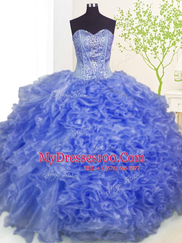 Blue Sleeveless Beading and Ruffles and Pick Ups Floor Length Sweet 16 Dress