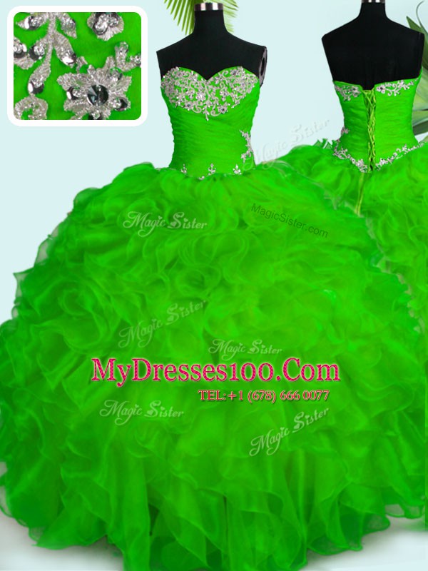 Shining Ball Gowns Organza Sweetheart Sleeveless Beading and Ruffles Floor Length Lace Up Sweet 16 Quinceanera Dress
