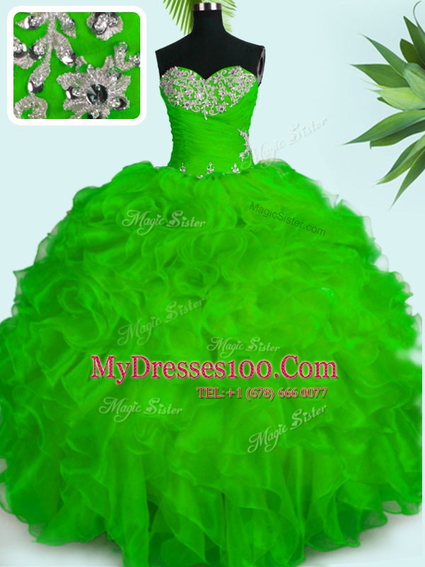 Shining Ball Gowns Organza Sweetheart Sleeveless Beading and Ruffles Floor Length Lace Up Sweet 16 Quinceanera Dress