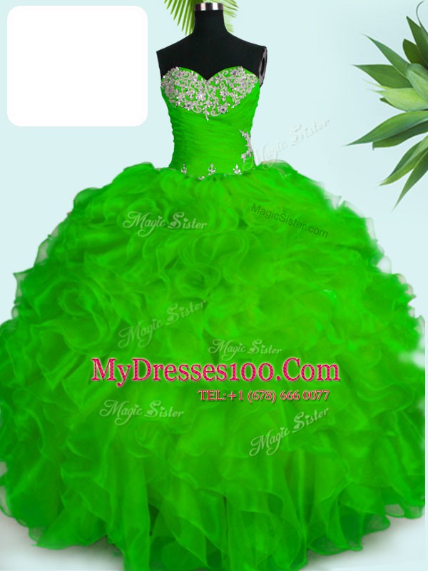 Shining Ball Gowns Organza Sweetheart Sleeveless Beading and Ruffles Floor Length Lace Up Sweet 16 Quinceanera Dress