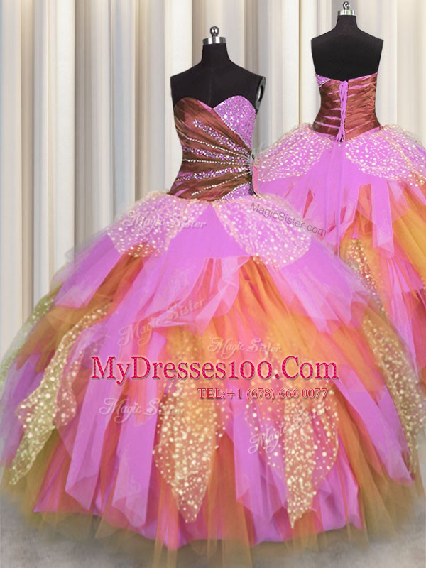 Fashion Floor Length Lace Up Vestidos de Quinceanera Multi-color for Military Ball and Sweet 16 and Quinceanera with Beading and Ruching