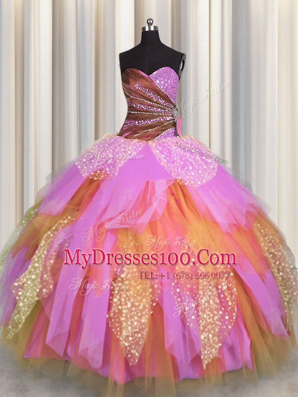 Fashion Floor Length Lace Up Vestidos de Quinceanera Multi-color for Military Ball and Sweet 16 and Quinceanera with Beading and Ruching