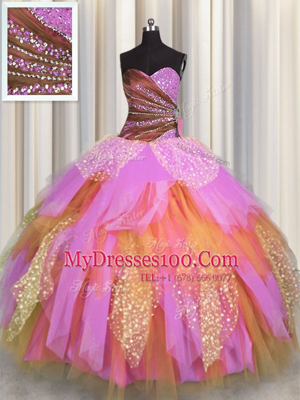 Fashion Floor Length Lace Up Vestidos de Quinceanera Multi-color for Military Ball and Sweet 16 and Quinceanera with Beading and Ruching
