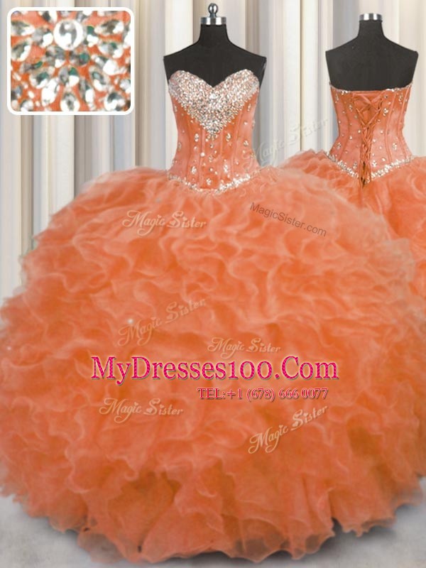 On Sale Floor Length Orange Red Quinceanera Gowns Sweetheart Sleeveless Lace Up