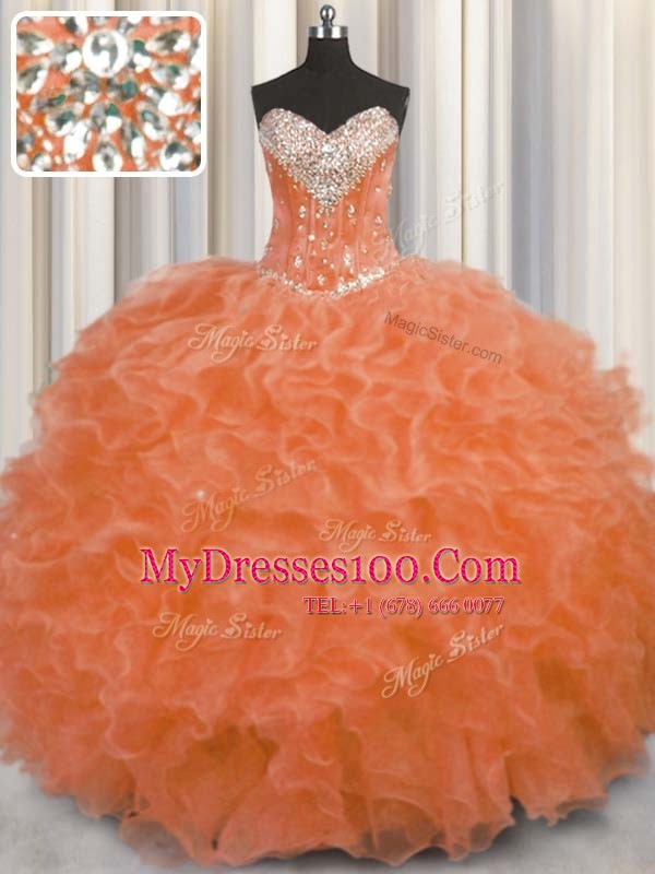 On Sale Floor Length Orange Red Quinceanera Gowns Sweetheart Sleeveless Lace Up