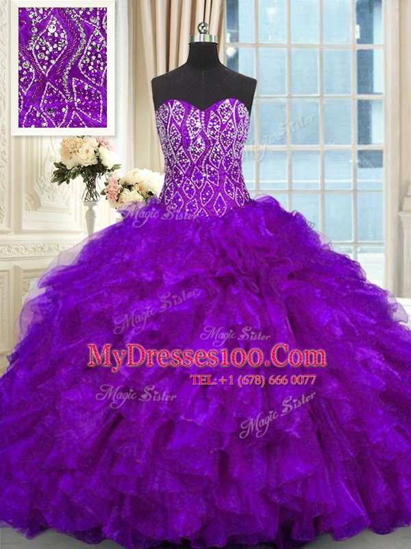 Lace Up 15 Quinceanera Dress Purple for Military Ball and Sweet 16 and Quinceanera with Beading and Ruffles Brush Train