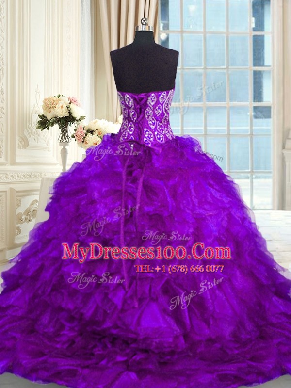 Lace Up 15 Quinceanera Dress Purple for Military Ball and Sweet 16 and Quinceanera with Beading and Ruffles Brush Train