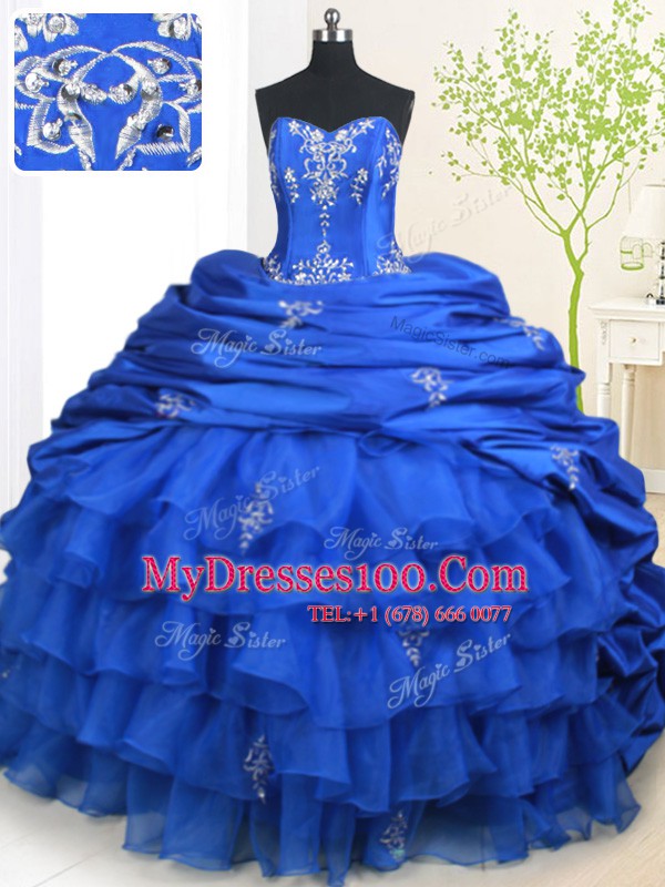Delicate Strapless Sleeveless Organza and Taffeta Quinceanera Dress Beading and Appliques and Ruffled Layers and Pick Ups Brush Train Lace Up