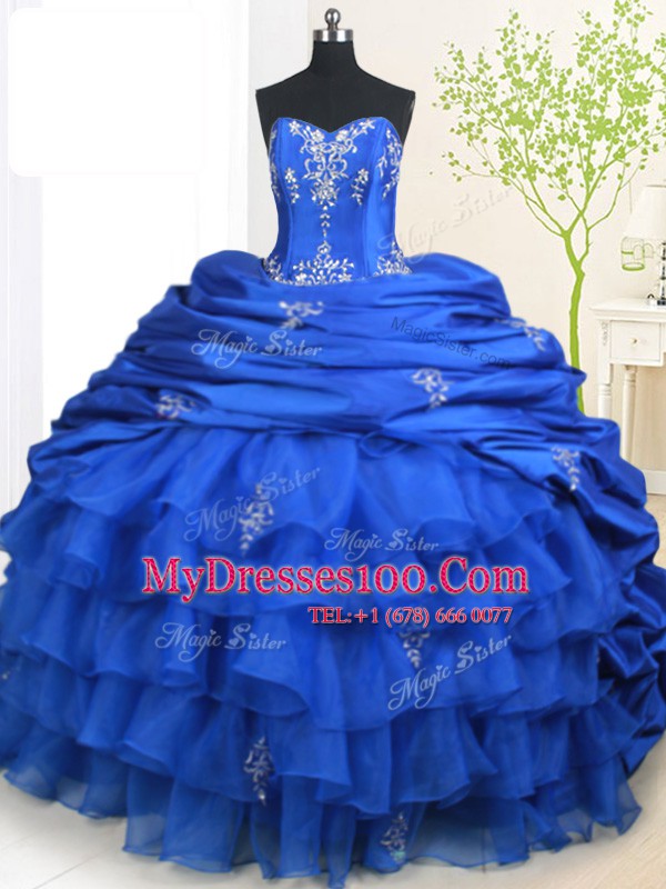 Delicate Strapless Sleeveless Organza and Taffeta Quinceanera Dress Beading and Appliques and Ruffled Layers and Pick Ups Brush Train Lace Up