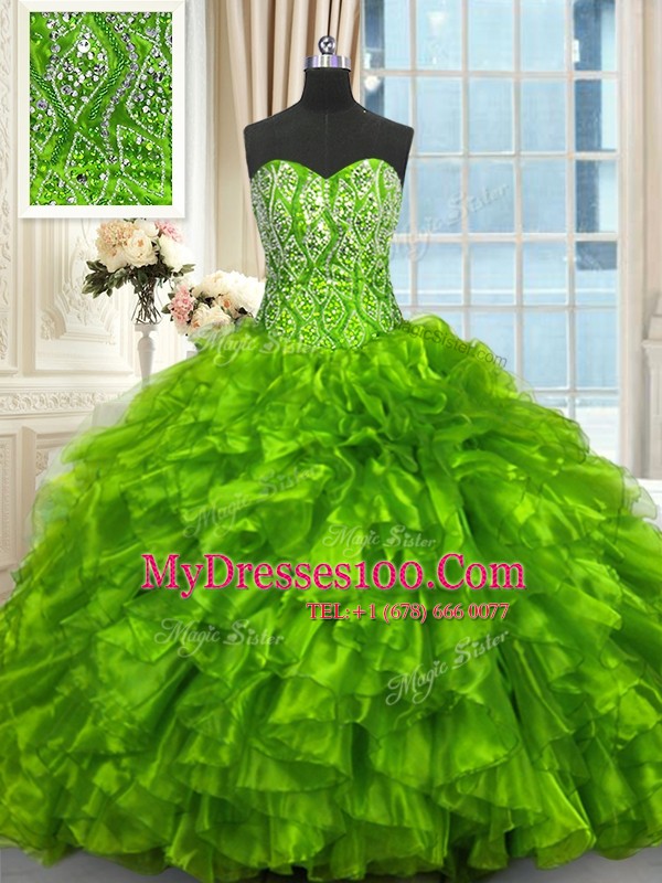 Lace Up Sweetheart Beading and Ruffles Sweet 16 Dresses Organza Sleeveless Brush Train