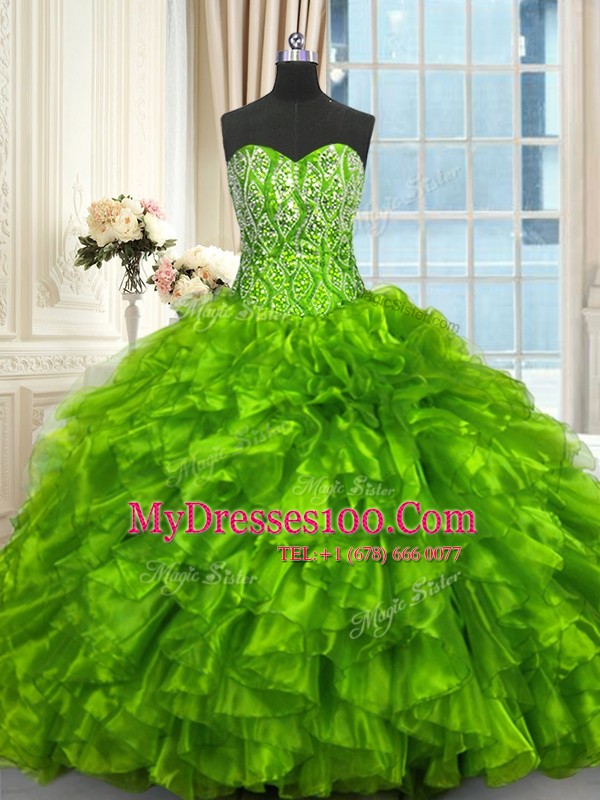 Lace Up Sweetheart Beading and Ruffles Sweet 16 Dresses Organza Sleeveless Brush Train
