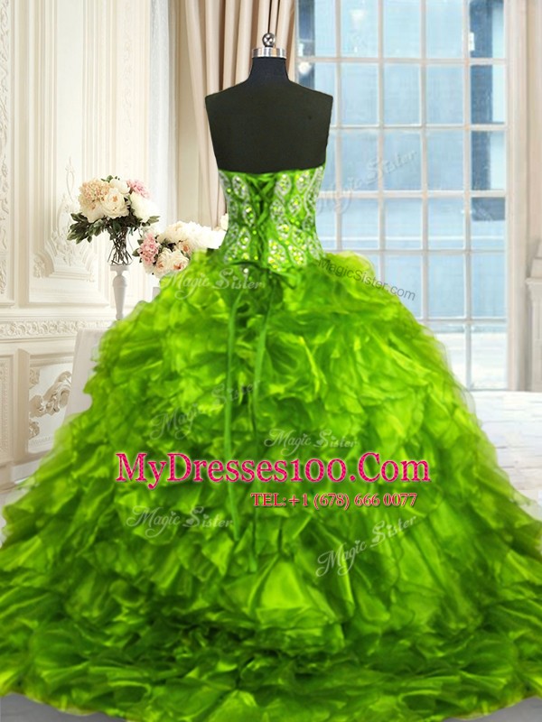Lace Up Sweetheart Beading and Ruffles Sweet 16 Dresses Organza Sleeveless Brush Train