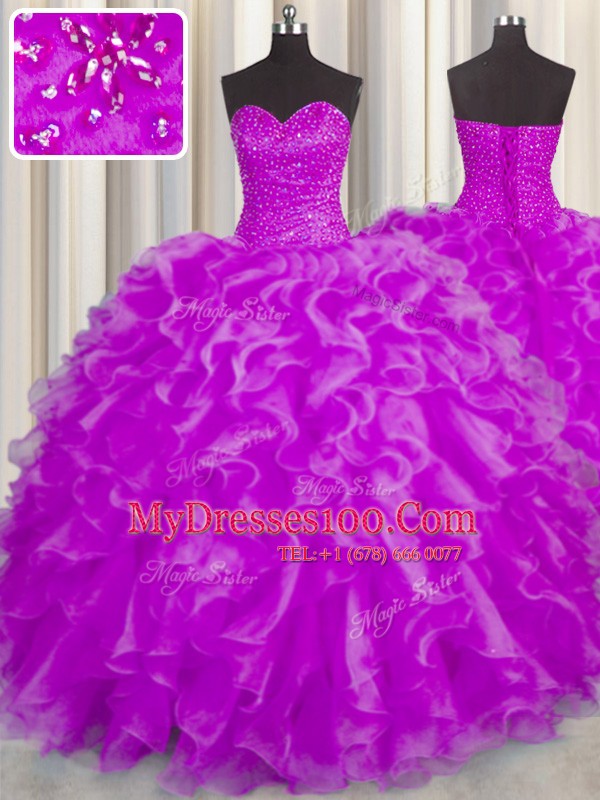 Sumptuous Sweetheart Sleeveless Organza Quinceanera Gown Beading and Ruffles Lace Up