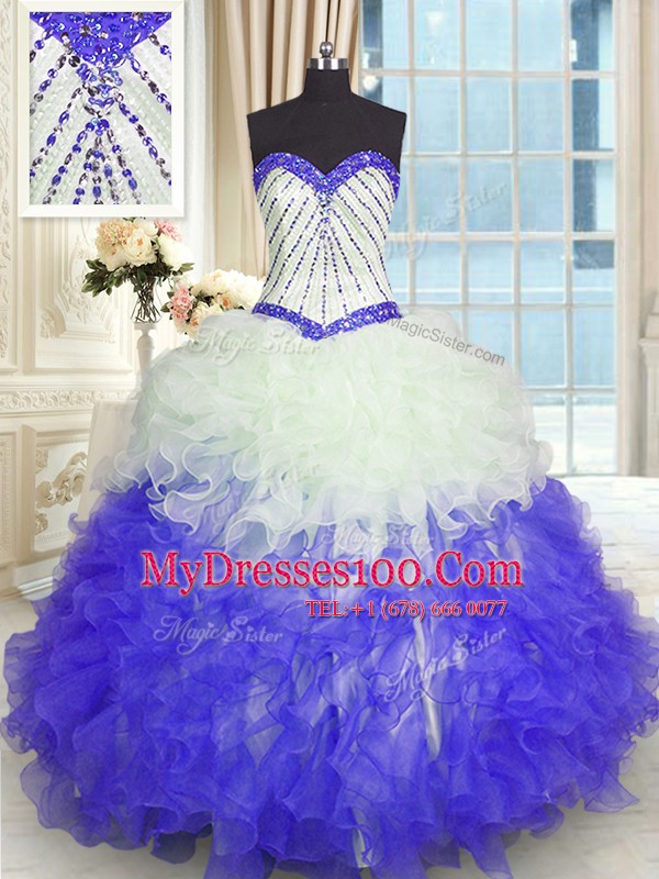 Fitting Blue And White Sweetheart Lace Up Beading and Ruffles Ball Gown Prom Dress Sleeveless