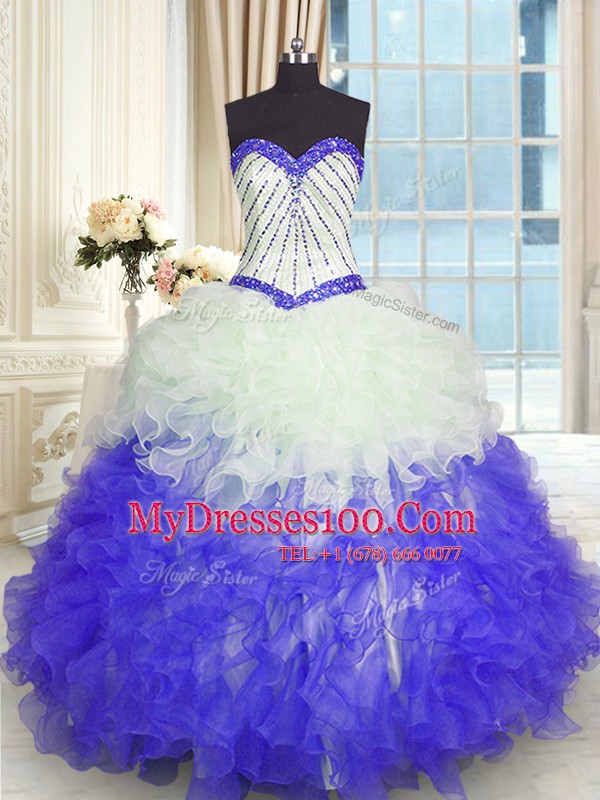 Fitting Blue And White Sweetheart Lace Up Beading and Ruffles Ball Gown Prom Dress Sleeveless