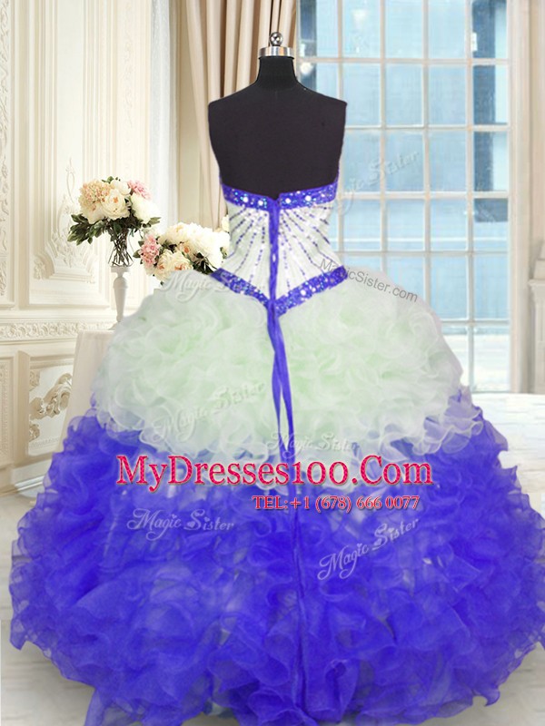 Fitting Blue And White Sweetheart Lace Up Beading and Ruffles Ball Gown Prom Dress Sleeveless