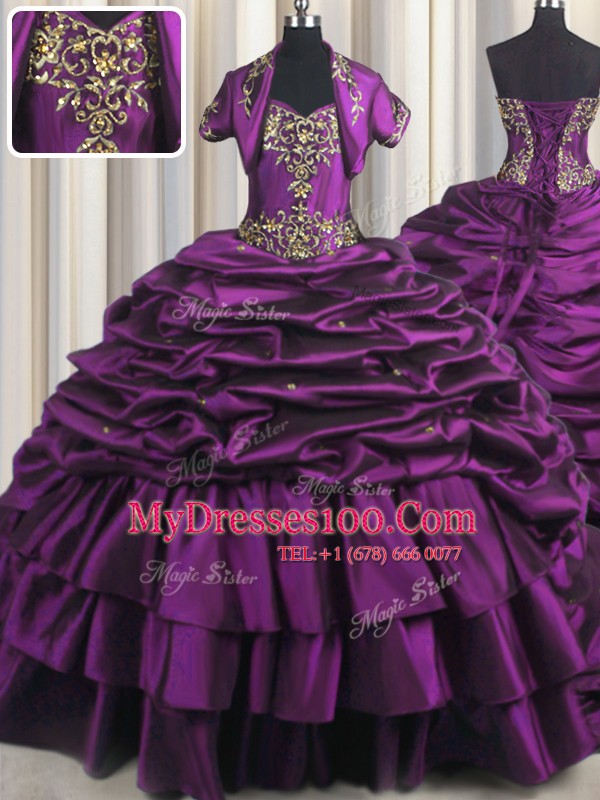 Pick Ups With Train Ball Gowns Sleeveless Purple Sweet 16 Dresses Brush Train Lace Up