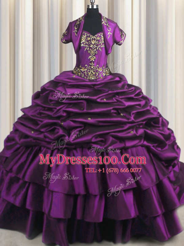 Pick Ups With Train Ball Gowns Sleeveless Purple Sweet 16 Dresses Brush Train Lace Up