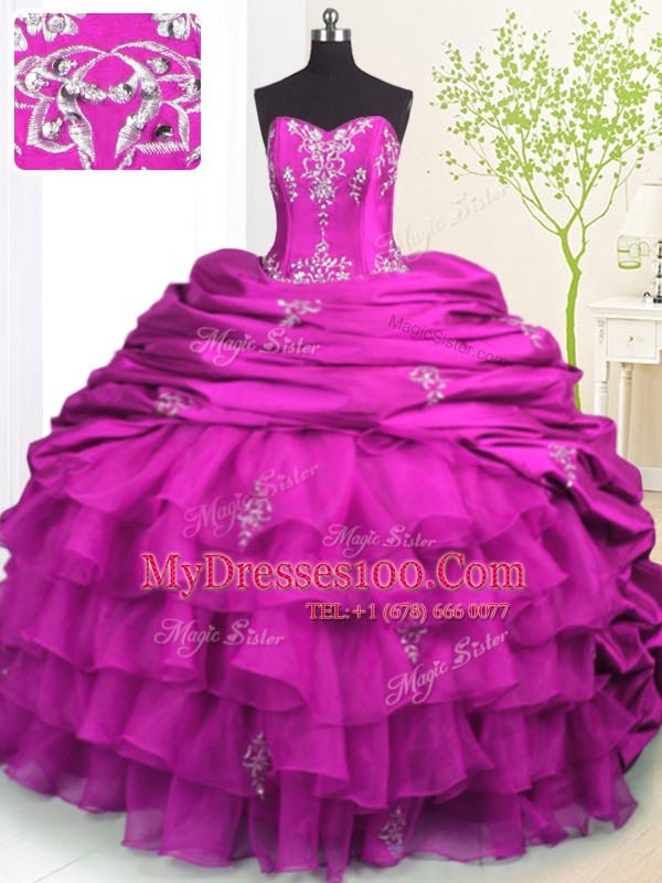Strapless Sleeveless Sweet 16 Dress With Brush Train Beading and Appliques and Ruffled Layers and Pick Ups Fuchsia Organza and Taffeta