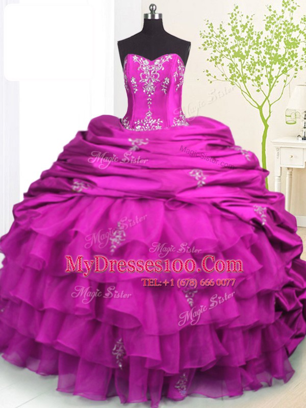 Strapless Sleeveless Sweet 16 Dress With Brush Train Beading and Appliques and Ruffled Layers and Pick Ups Fuchsia Organza and Taffeta