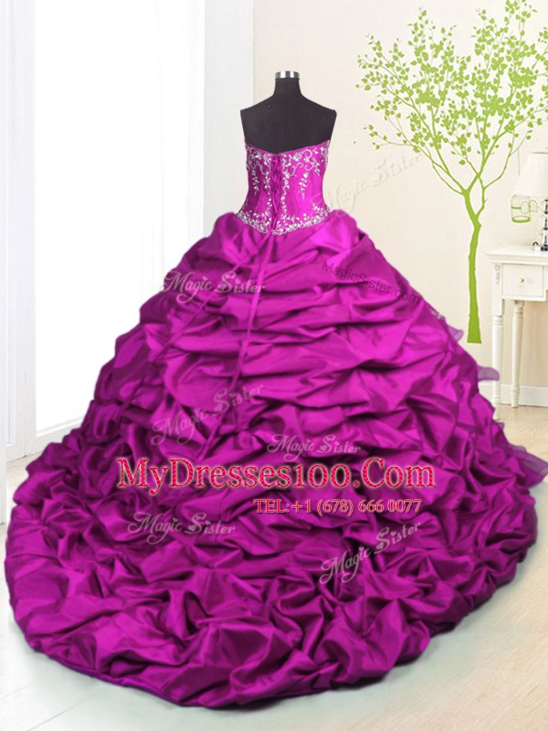 Strapless Sleeveless Sweet 16 Dress With Brush Train Beading and Appliques and Ruffled Layers and Pick Ups Fuchsia Organza and Taffeta