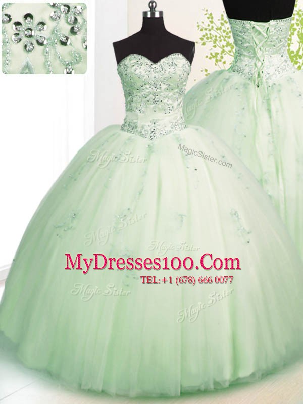 Dazzling Beading and Appliques Quinceanera Dress Apple Green Lace Up Sleeveless Floor Length