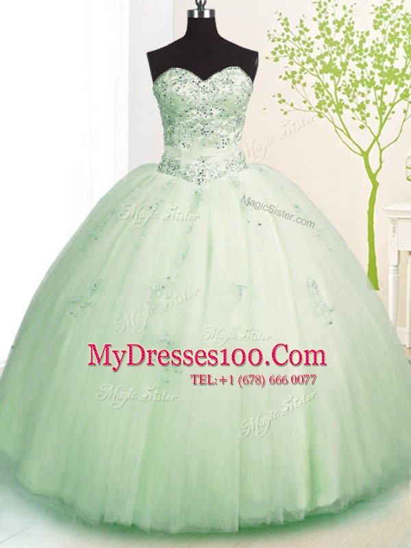 Dazzling Beading and Appliques Quinceanera Dress Apple Green Lace Up Sleeveless Floor Length