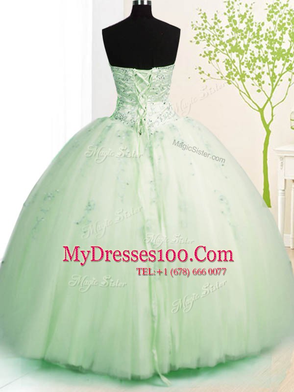 Dazzling Beading and Appliques Quinceanera Dress Apple Green Lace Up Sleeveless Floor Length