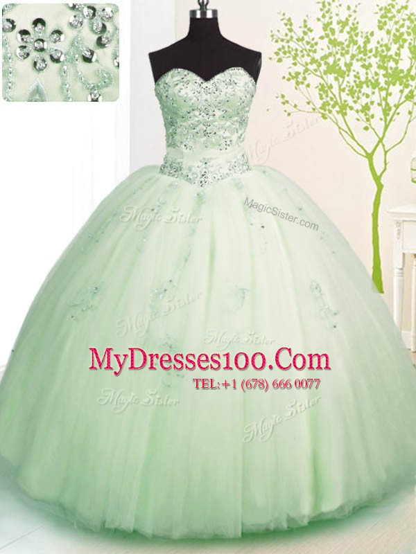 Dazzling Beading and Appliques Quinceanera Dress Apple Green Lace Up Sleeveless Floor Length