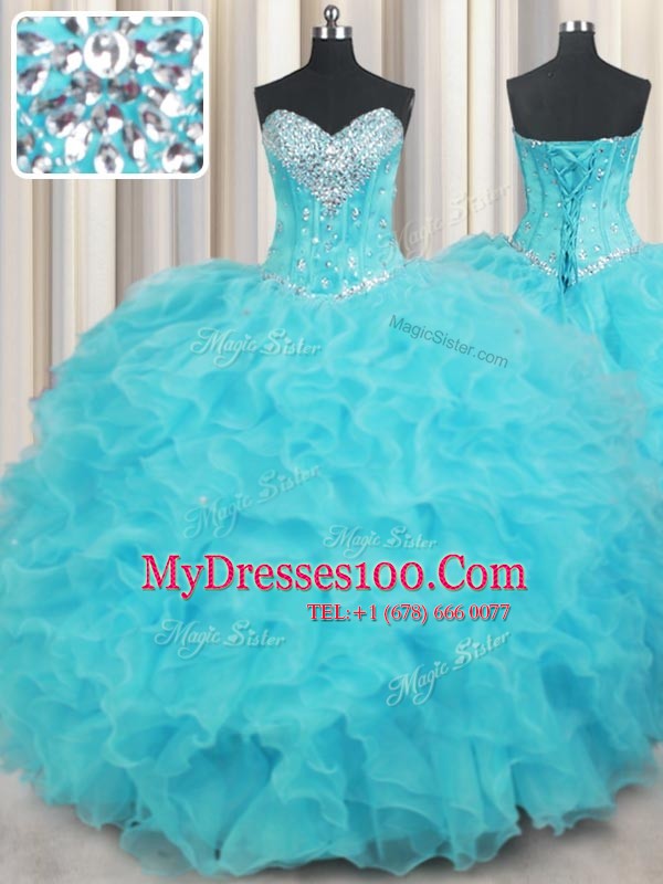 Aqua Blue Sleeveless Floor Length Beading and Ruffles Lace Up Quince Ball Gowns