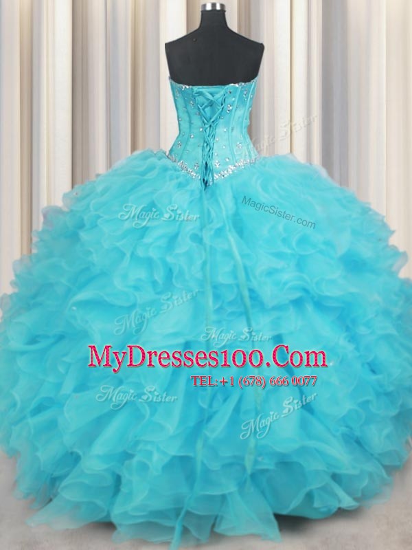 Aqua Blue Sleeveless Floor Length Beading and Ruffles Lace Up Quince Ball Gowns