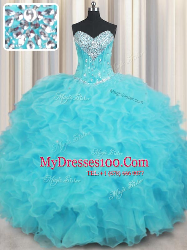 Aqua Blue Sleeveless Floor Length Beading and Ruffles Lace Up Quince Ball Gowns