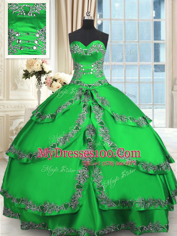 Fancy Taffeta Sweetheart Sleeveless Lace Up Beading and Embroidery and Ruffled Layers Sweet 16 Quinceanera Dress in Green