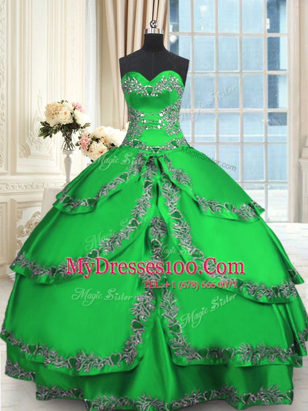 Fancy Taffeta Sweetheart Sleeveless Lace Up Beading and Embroidery and Ruffled Layers Sweet 16 Quinceanera Dress in Green