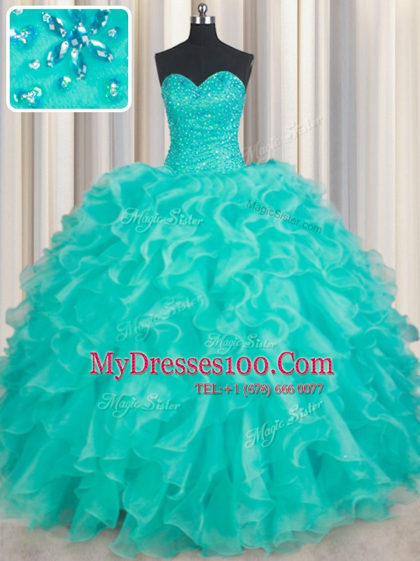 Turquoise Sleeveless Floor Length Beading and Ruffles Lace Up Quinceanera Dress