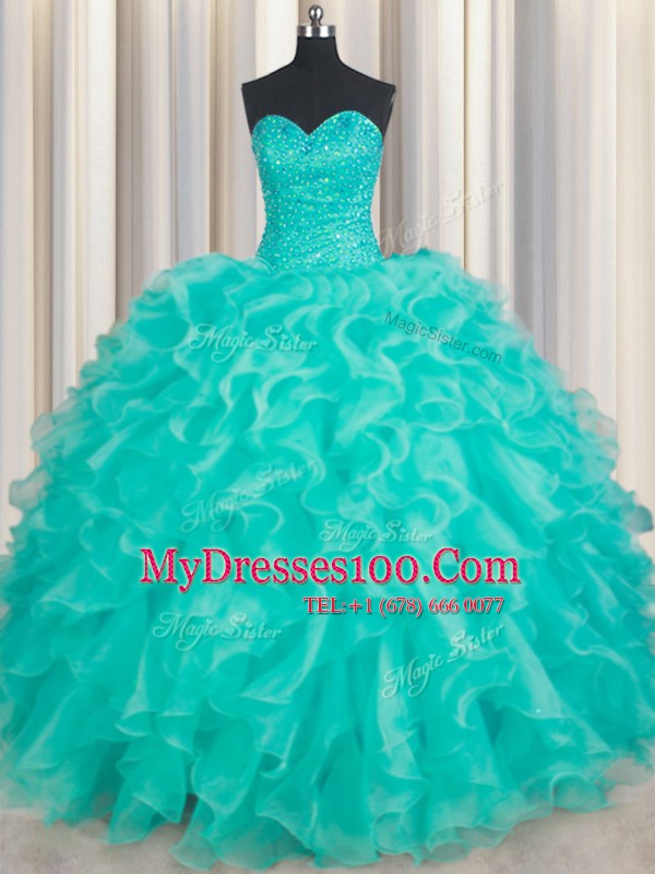 Turquoise Sleeveless Floor Length Beading and Ruffles Lace Up Quinceanera Dress