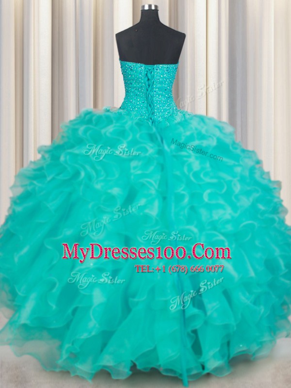 Turquoise Sleeveless Floor Length Beading and Ruffles Lace Up Quinceanera Dress