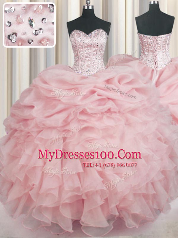 Floor Length Baby Pink Quinceanera Dress Organza Sleeveless Beading and Ruffles