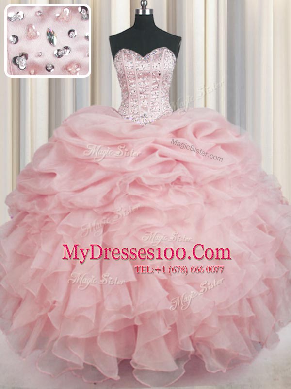 Floor Length Baby Pink Quinceanera Dress Organza Sleeveless Beading and Ruffles
