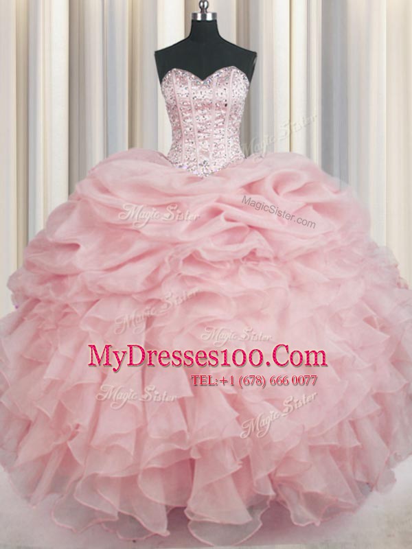 Floor Length Baby Pink Quinceanera Dress Organza Sleeveless Beading and Ruffles