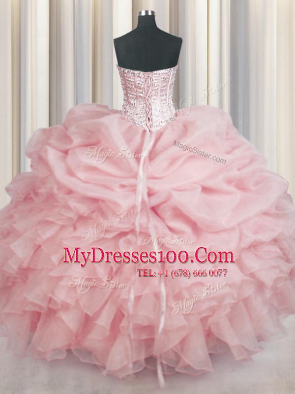 Floor Length Baby Pink Quinceanera Dress Organza Sleeveless Beading and Ruffles