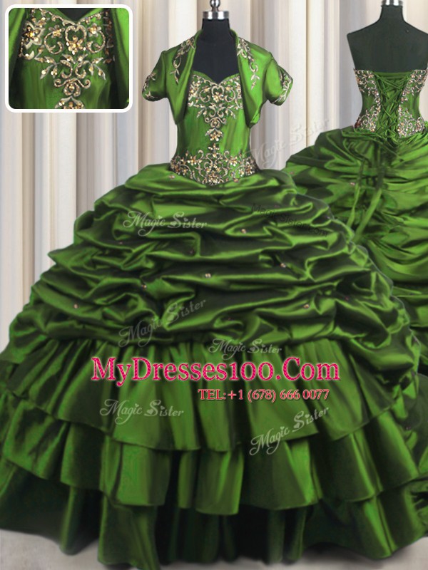 Fancy Sleeveless With Train Beading and Appliques and Pick Ups Lace Up Sweet 16 Dresses with Green Brush Train
