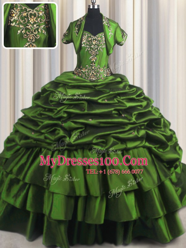 Fancy Sleeveless With Train Beading and Appliques and Pick Ups Lace Up Sweet 16 Dresses with Green Brush Train