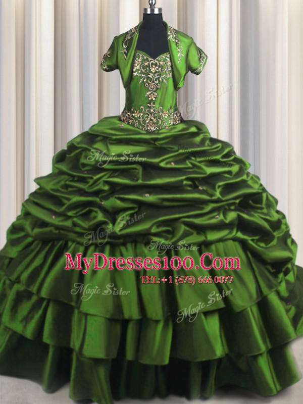 Fancy Sleeveless With Train Beading and Appliques and Pick Ups Lace Up Sweet 16 Dresses with Green Brush Train