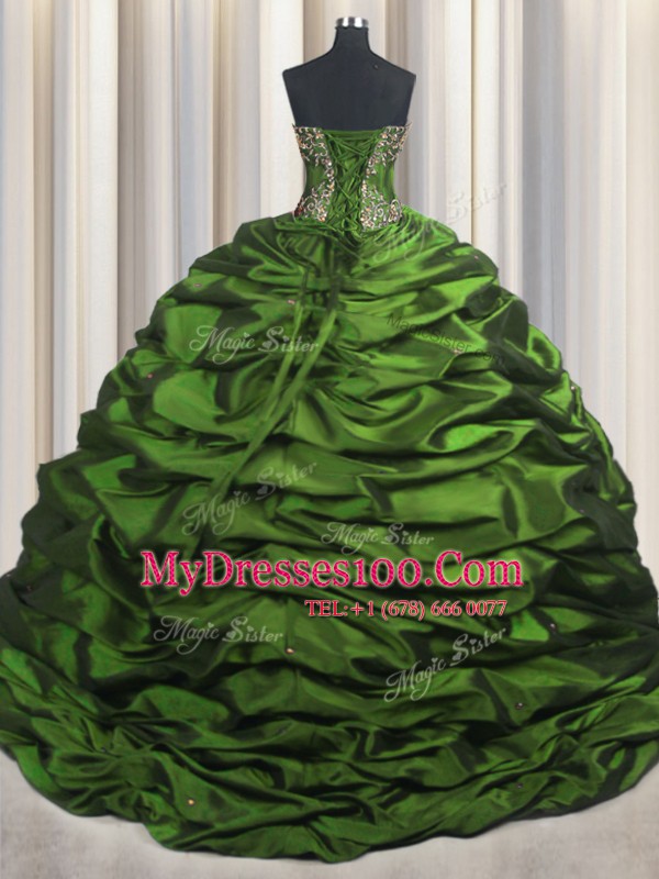 Fancy Sleeveless With Train Beading and Appliques and Pick Ups Lace Up Sweet 16 Dresses with Green Brush Train