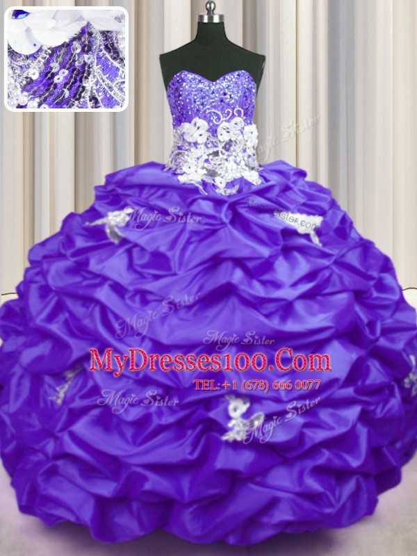 Sequins Pick Ups Brush Train Ball Gowns Sweet 16 Dresses Purple Sweetheart Taffeta Sleeveless With Train Lace Up