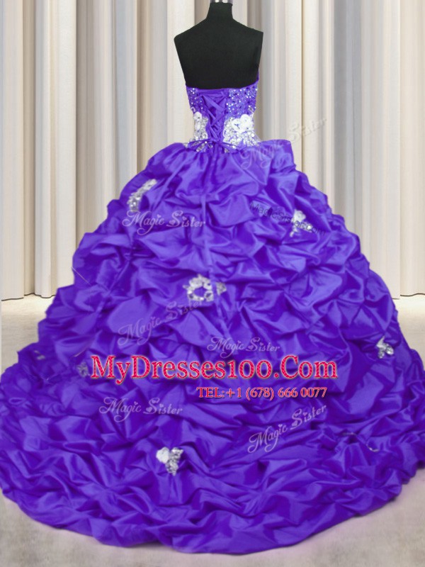 Sequins Pick Ups Brush Train Ball Gowns Sweet 16 Dresses Purple Sweetheart Taffeta Sleeveless With Train Lace Up